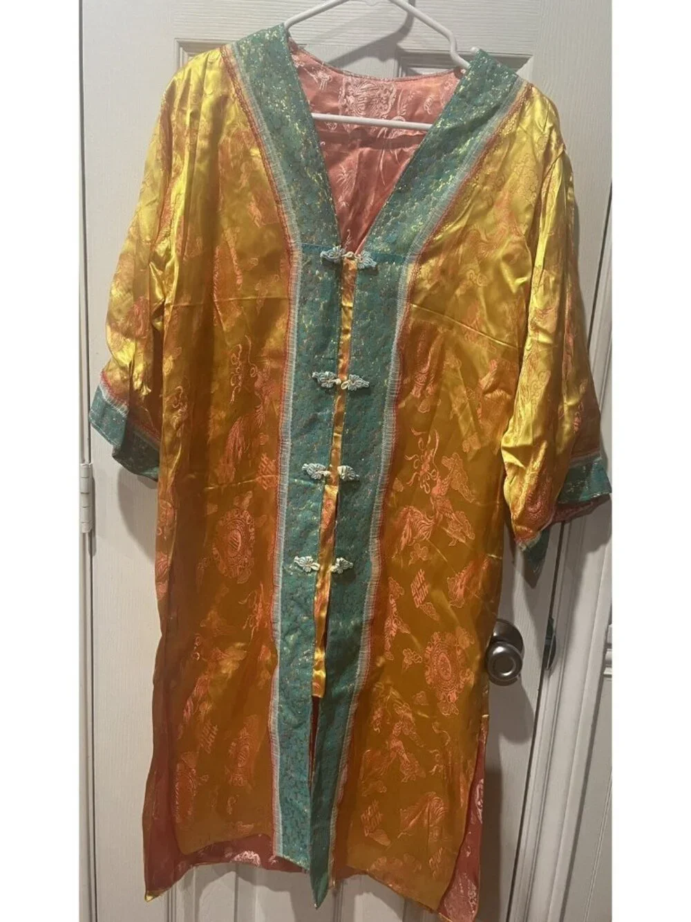 Kimono Coat Intricate Asian Robe Jacket Vintage Gold/Teal/ Orange Silk Lace